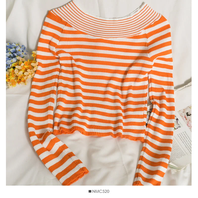 Reduced Price French minority design striped single breasted herringbone neck sweater  2057