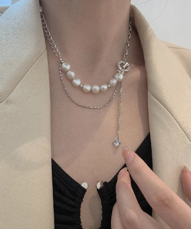 Clearance Event Women White Stainless Steel Pearl Bow Tassel Sweater Lariat Necklace