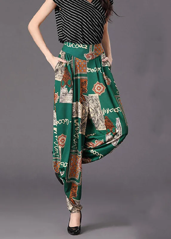 One-Day Only Bohemian Green Pockets Wrinkled Print Cotton Pants Fall