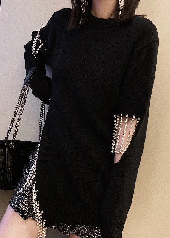 Super Sale Chic Black Tasseled Hole Patchwork Cotton Knit Sweaters Long Sleeve