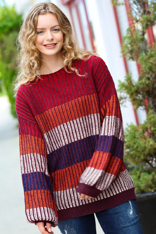 Instant Savings Burgundy & Navy Stripe Oversized Sweater