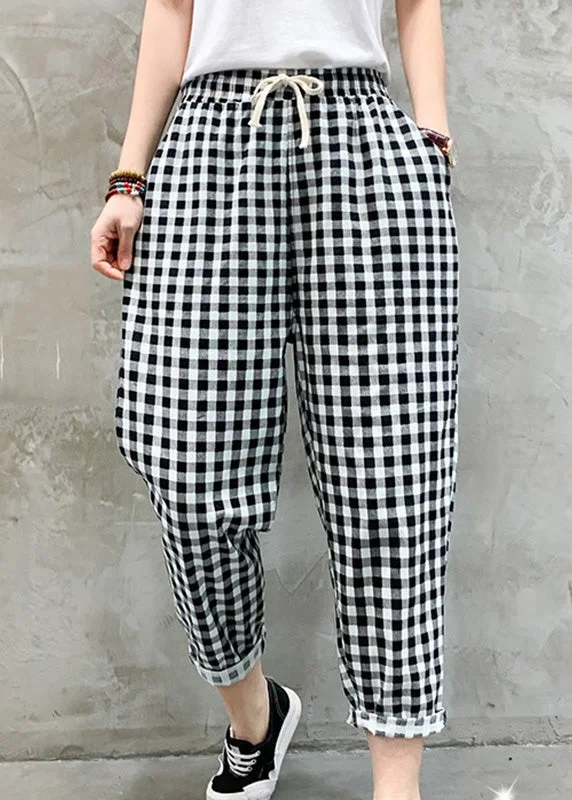 Act Fast Women Black White Plaid Tie Waist Crop Beam Pants