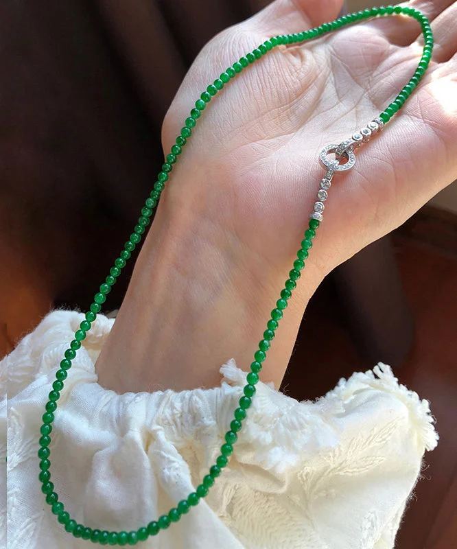 YEAR-End Clearance Handmade Green Sterling Silver Zircon Jade Beads Sweater Gratuated Bead Necklace