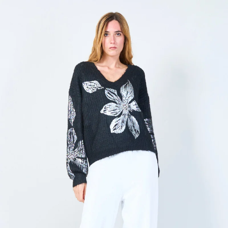 Take Action Floral embellished fuzzy V-neck sweater wholesale