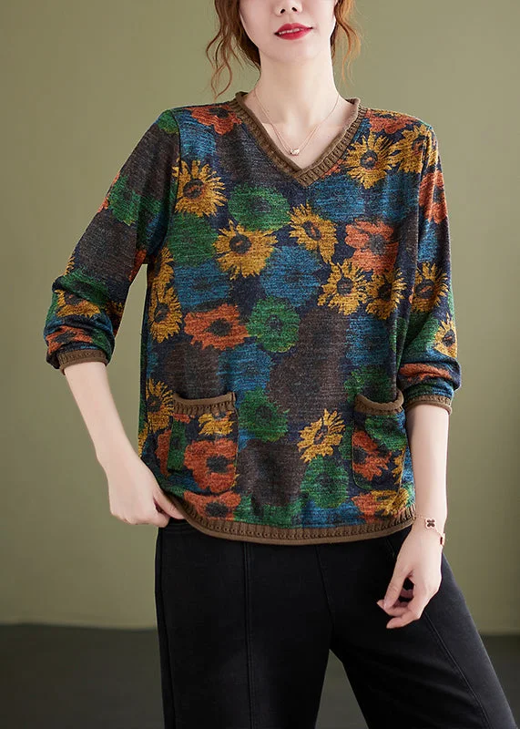 Price Rollback Versatile V Neck Print Pockets Knit Short Sweater Spring