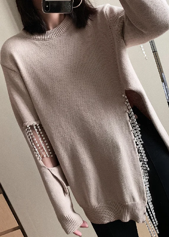 Limited Time Offer Camel Zircon Side Open Cotton Knit Sweaters O Neck Spring