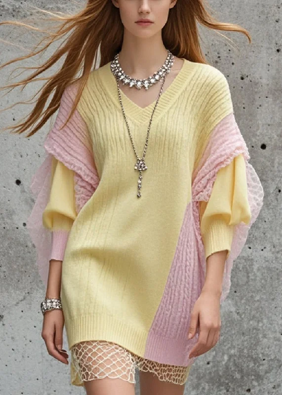 Final Offer Boutique Yellow Asymmetrical Patchwork Tulle Sweater Dress Fall