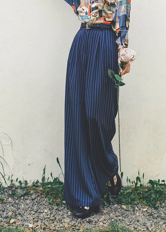 Weekend Price Cuts Galore Women Blue High Waist Striped Draping Wide Leg Pants Spring