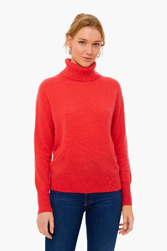 Price Cut Candy Red Cashmere Ribbed Trim Turtleneck