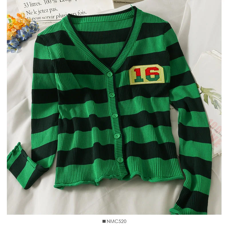 Can't Beat Striped single breasted cardigan long sleeved sweater for women  2061