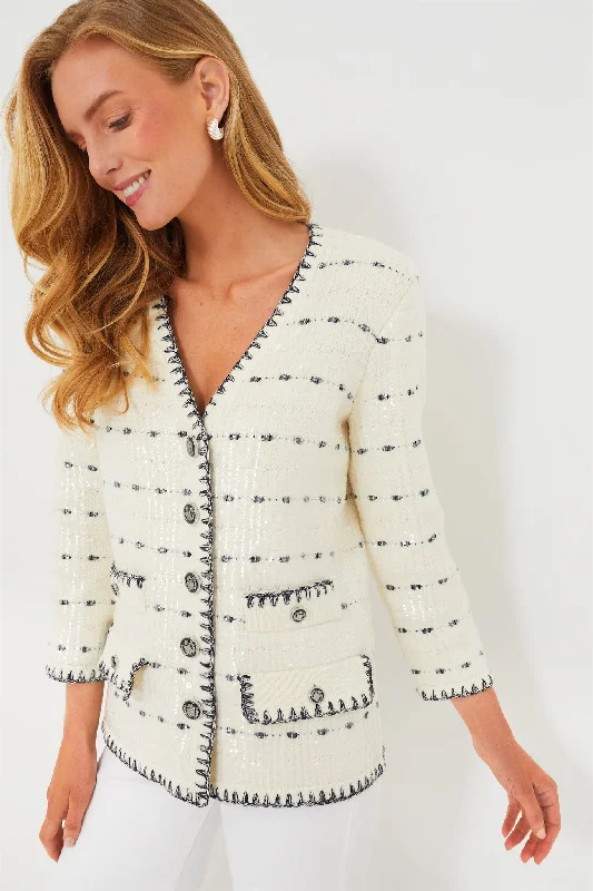 Buy Now Off White and Navy Ceriani Knit Jacket with Sequins