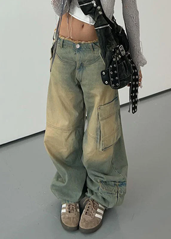 Crazy Deal Women Gradient Color Pockets Patchwork Denim Wide Leg Pants Summer