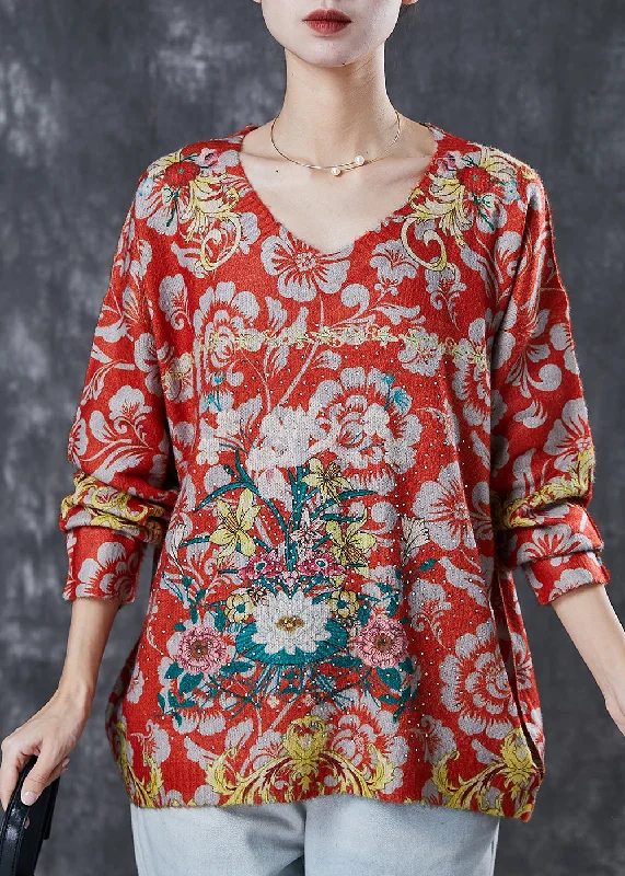 Savings Event Women Red Oversized Floral Zircon Knit Sweater Spring