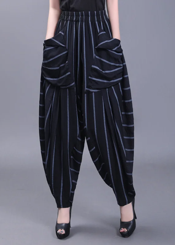 Hot Buy Women Black Pockets Striped High Waist Cotton Harem Pants Fall