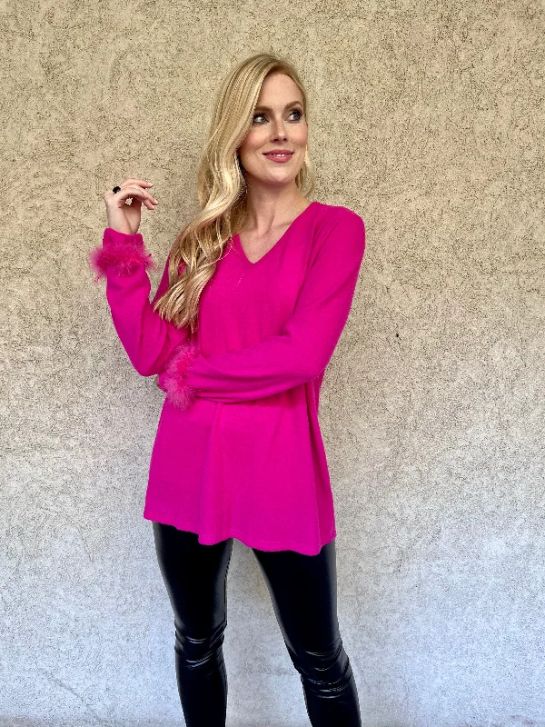 Early Bird Fuchsia Sweater With Fur Trim Sleeves