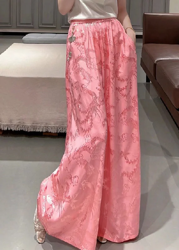 Limited Time Discount Fashion Pink Pockets Jacquard Silk High Waist Wide Leg Pants Fall