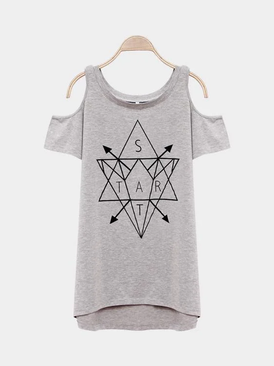 Weekend Specials to Savor Custom Round Neck Cold Shoulder Printed Short Sleeve Grey T-Shirts
