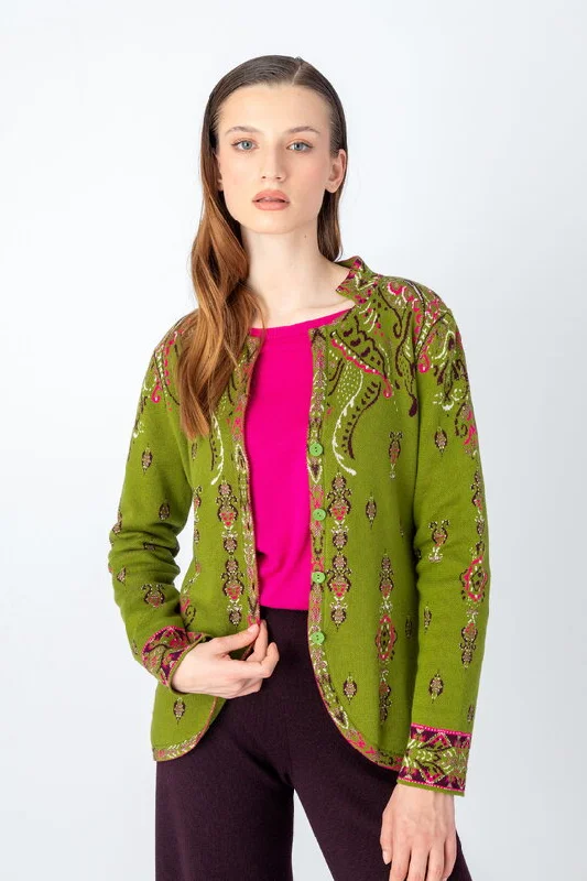 Weekend Offers That Shine Ornamental Jacquard Cardigan - Citron Green