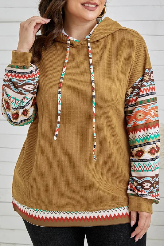 Top Pick Khaki Texture Aztec Drop Sleeve Waffle Plus Size Hoodie