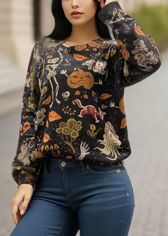 Weekend Discounts to Delight Plus Size Black O-Neck Print Knitting Cotton Sweaters Fall
