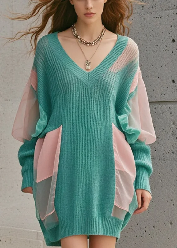 Stock Up Boho Green Oversized Patchwork Tulle Long Sweater Fall