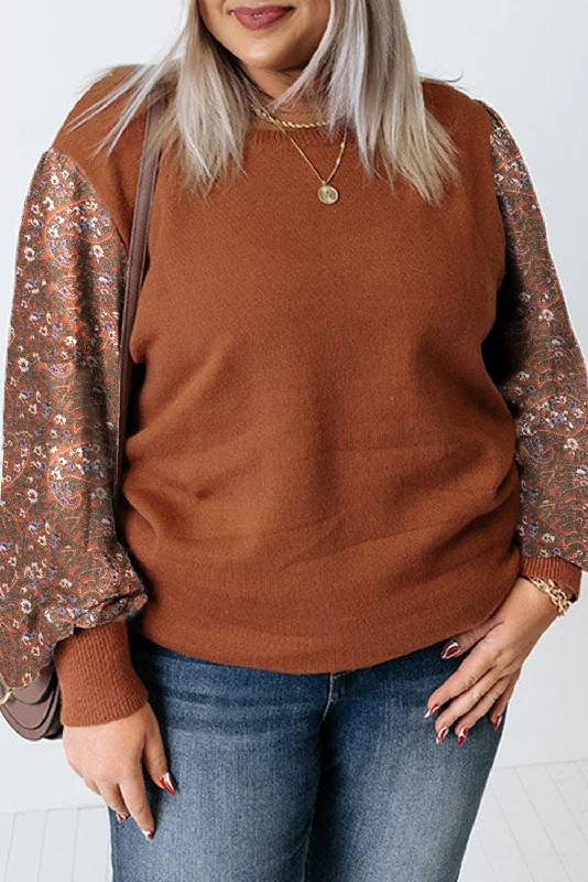 Online Deal Brown Casual Floral Print Splicing Sleeve Ribbed Plus Size Sweater