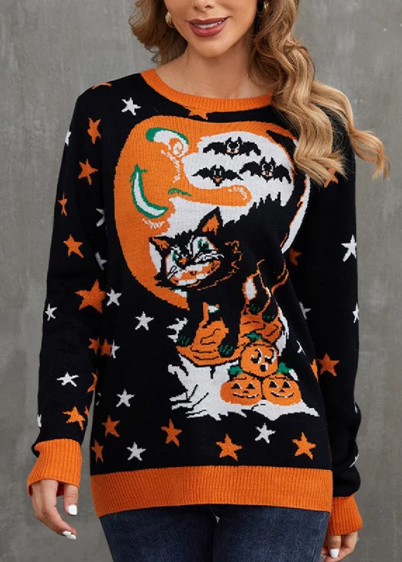 Weekend Savings Delight Jacquard Black O Neck Cozy Knit Sweaters Long Sleeve