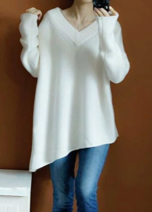 Final Clearance White Solid Cozy Knit Sweaters Top V Neck Spring