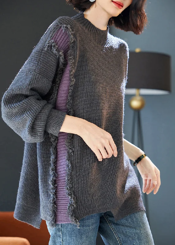 Price Break Fashion Grey Fluffy Patchwork Thick Knit Sweater Tops Winter