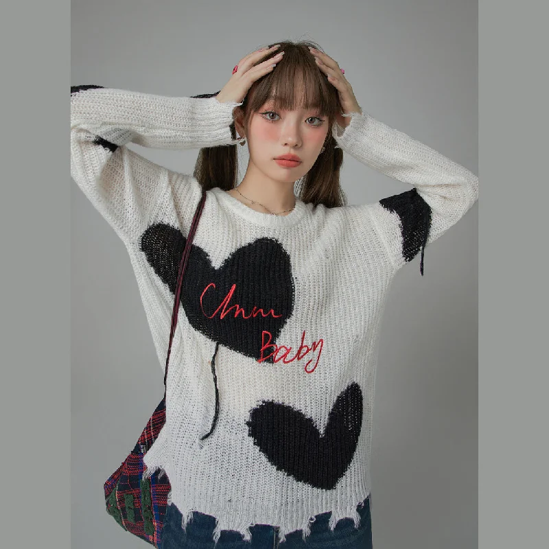 Weekend Offers You Can't Ignore Distressed Heart Loose Fit Sweater