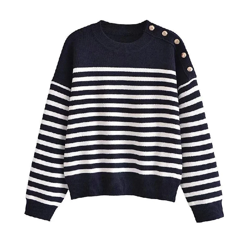 Fantastic Offers Buttoned Striped Pullover Sweaters