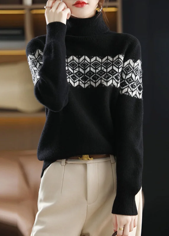 Take Advantage Women Black Solid Turtleneck Cotton Knit Top Long Sleeve