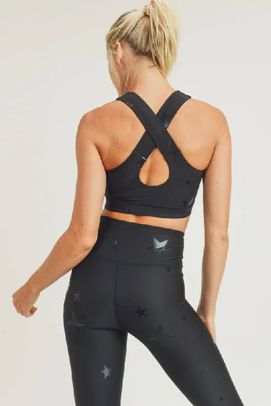 Mega Sale Star Foil Sports Bra with Overlay Back -Black