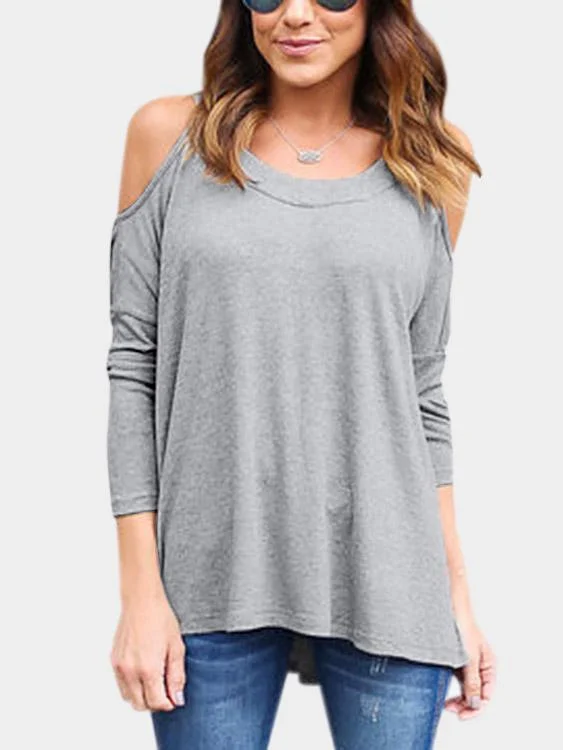 One-DAY Sale Custom Round Neck Cold Shoulder Long Sleeve Grey Top