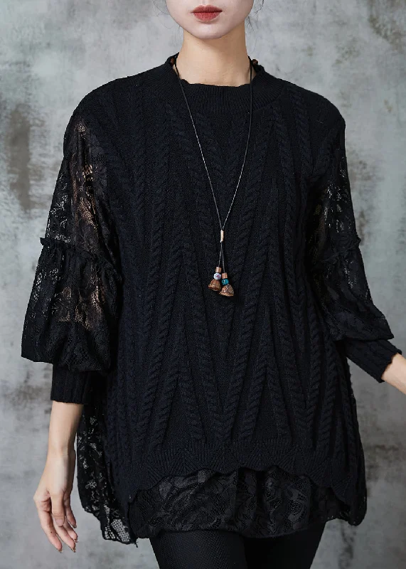 Get It Before It’s Gone Black Patchwork Lace Knit Tops Oversized Spring
