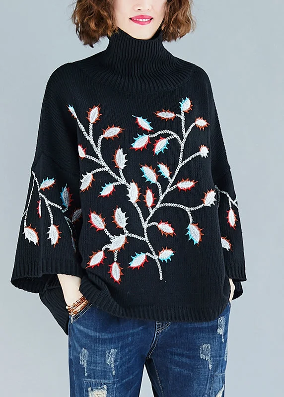 Sale Event Plus Size Black Hign Neck Embroideried Knit Short Sweater Spring