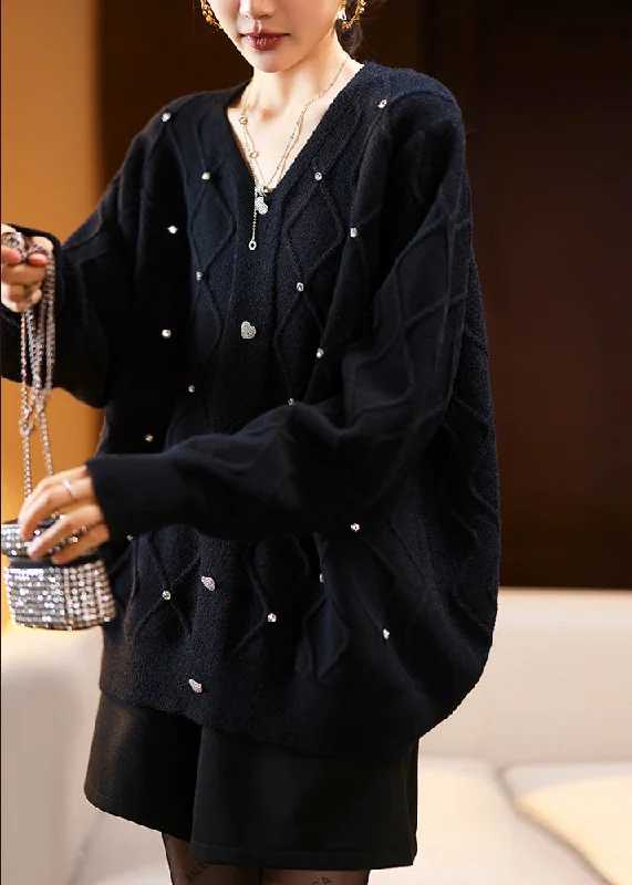 Amazing Deals Loose Black V Neck Zircon Patchwork Cotton Knit Sweaters Long Sleeve