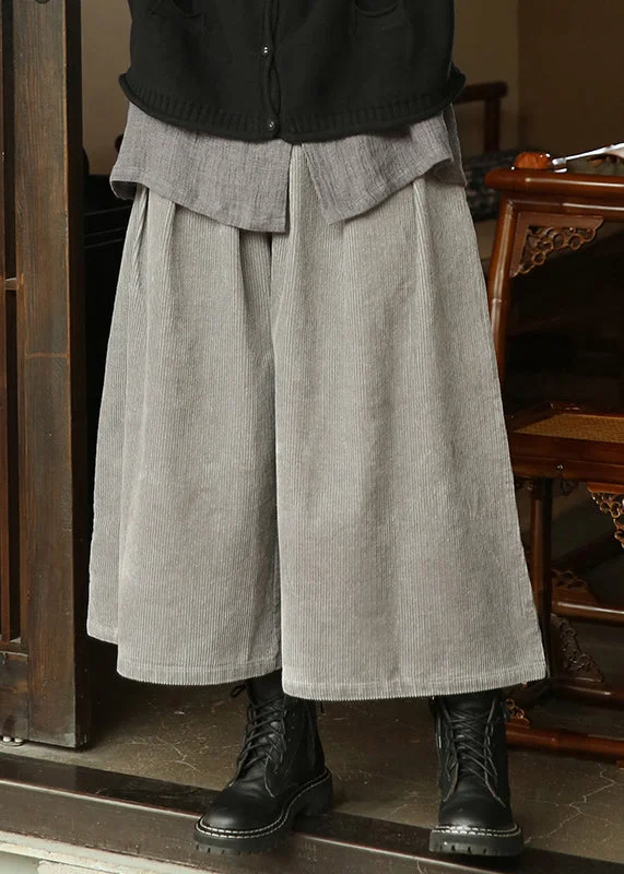 Exclusive Deal Grey Pockets Patchwork Corduroy Crop Pants High Waist Fall