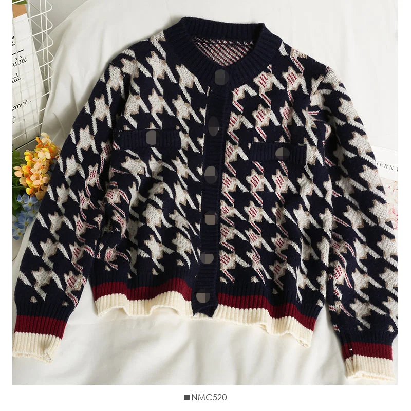 Steals and Deals Hong Kong style retro thousand bird check color matching single breasted sweater for women  2056