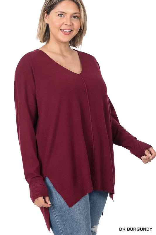 Lowest Prices PLUS HI-LOW HEM V-NECK CENTER SEAM SWEATER