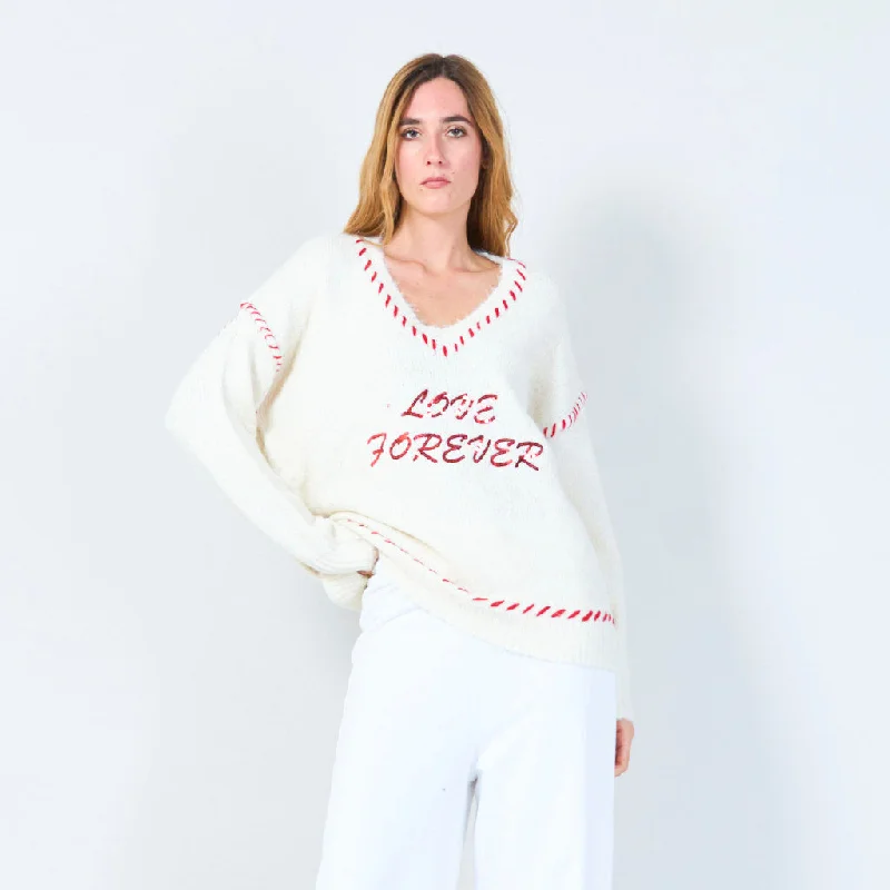Deal of the Day Love forever embroidered V-neck sweater wholesale