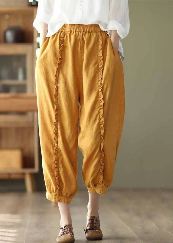 Early Bird Yellow Pockets Elastic Waist Linen Crop Pants Ruffled Summer