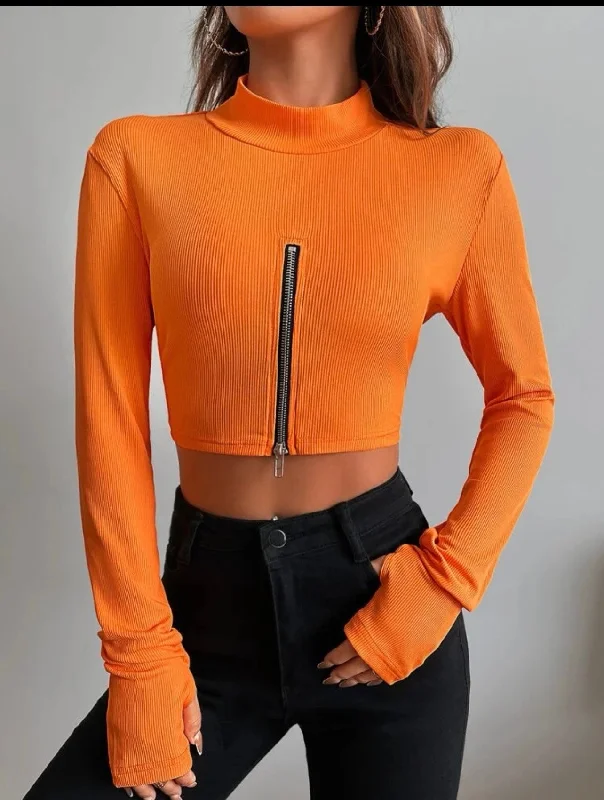 Extra Discounts Ribbed Knit Zipper Front Thumb Holes Crop Top