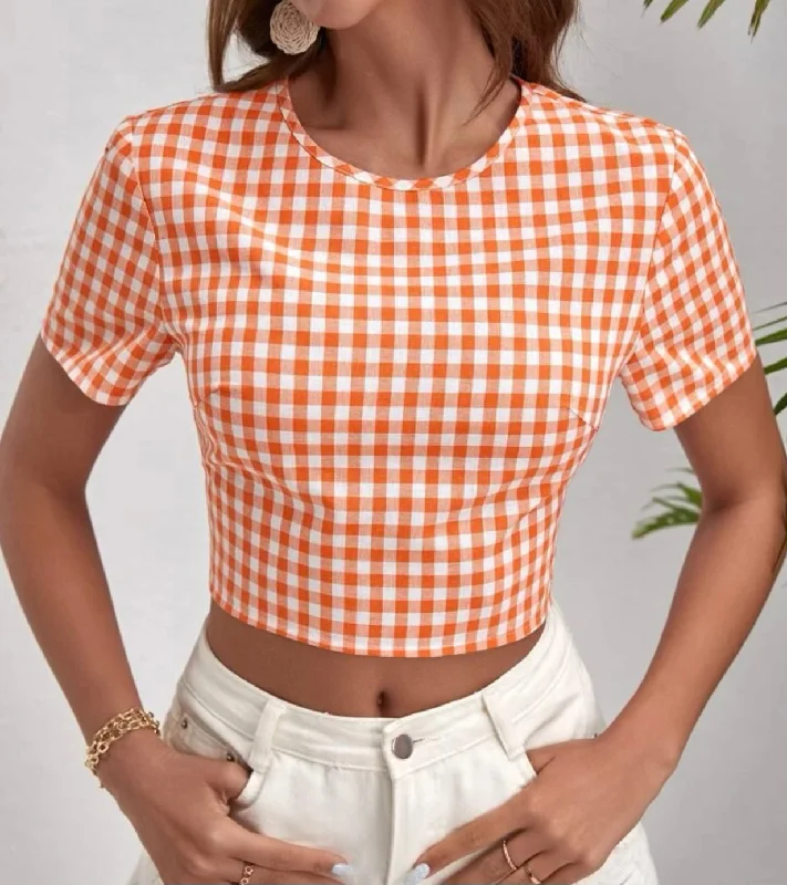 Savings Alert Orange and White Checkered Back Tie Top