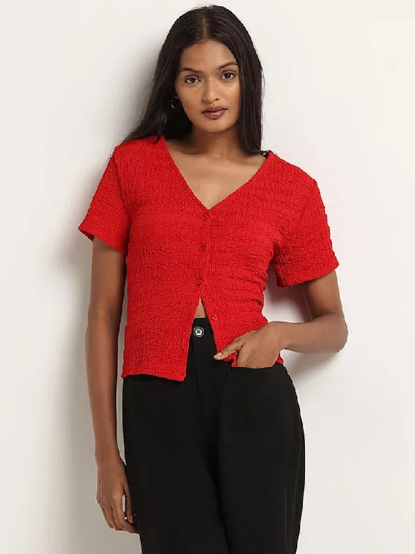 Deal of the Day LOV Red V-Neck Crinkled Shirt