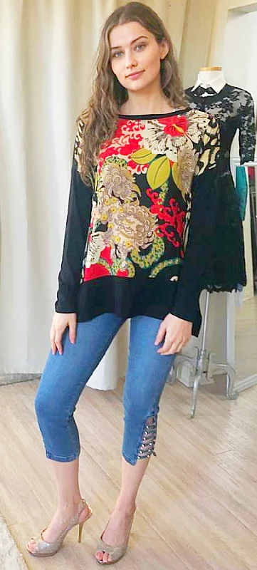 Weekend Bargains to Relish Harari Jarvis Patch Long Sleeves Multicolor Print Blouse