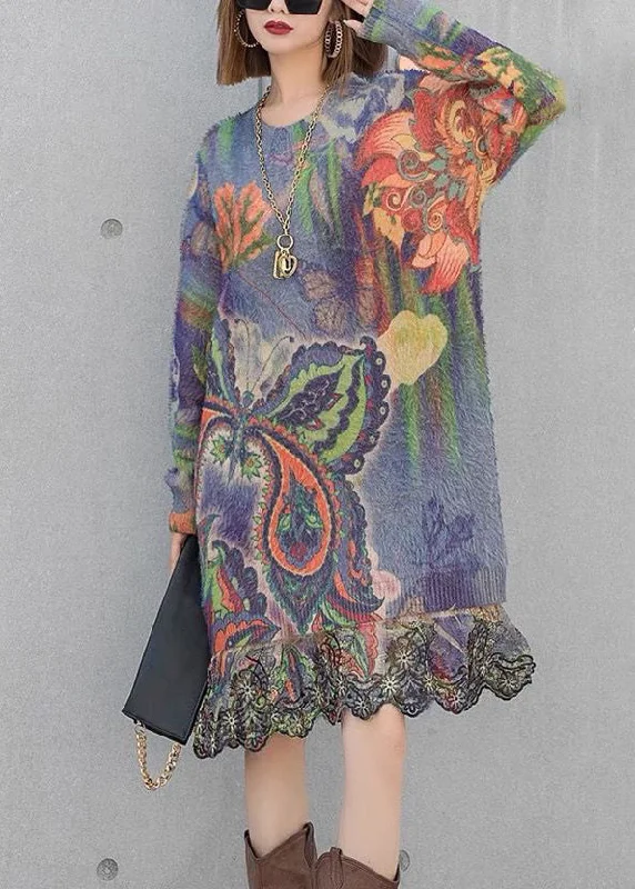 Limited Edition Loose Belle Print Patchwork Mink Velvet Knit Dresses Spring