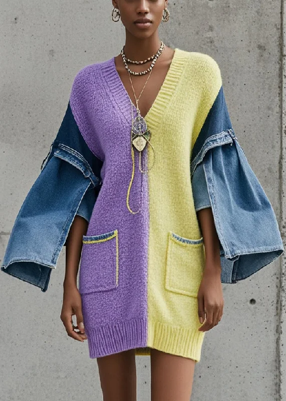 Stock Clearance Chic Colorblock V Neck Patchwork Denim Sweater Dress Fall