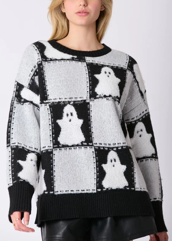 Markdowns Plus Size White O Neck Plaid Knit Sweater Long Sleeve