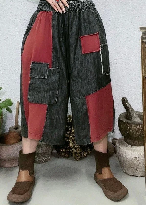 Midnight Madness Women Red Pockets Patchwork Denim Wide Leg Pants Summer
